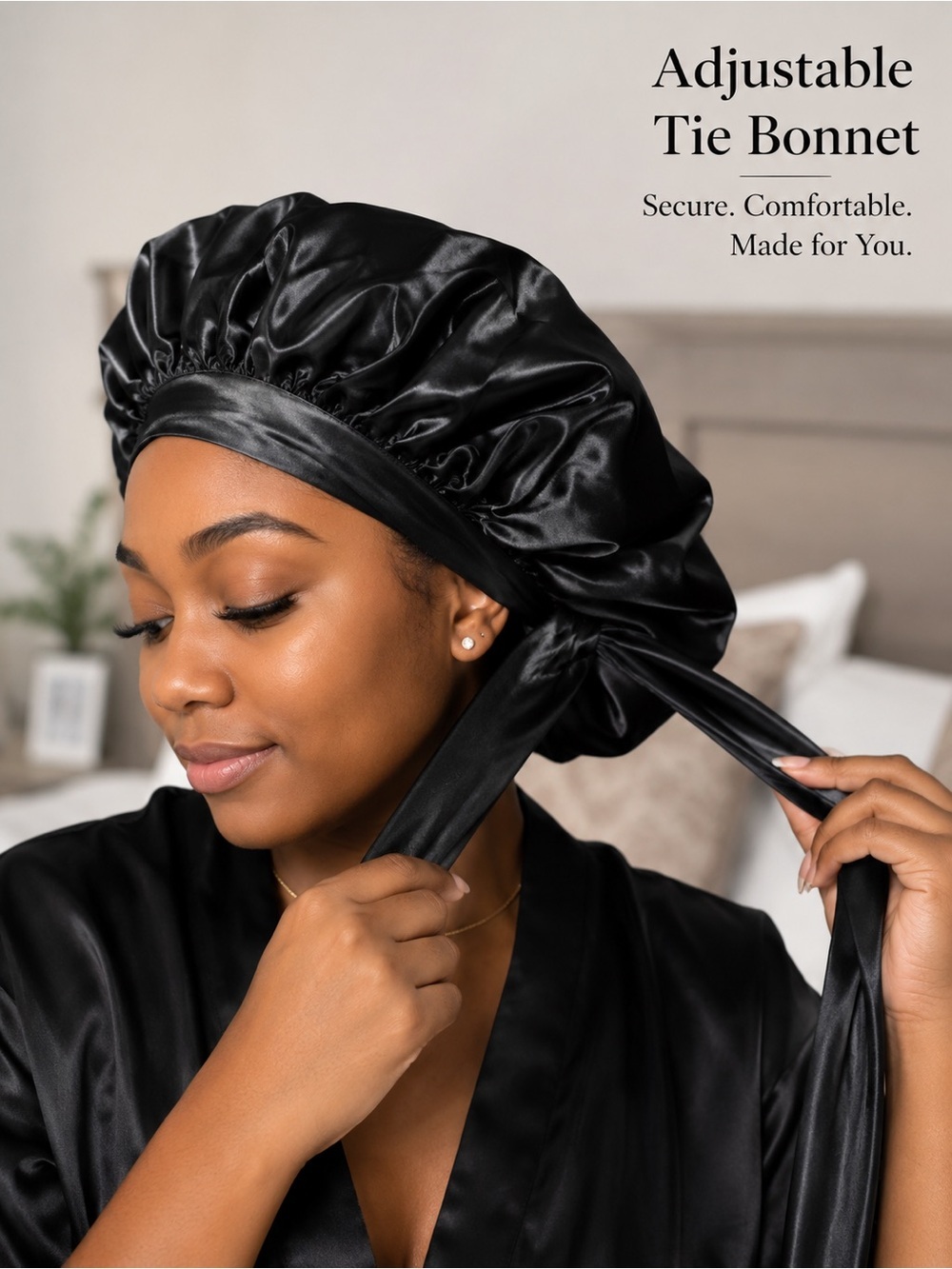 Black satin adjustable bonnet